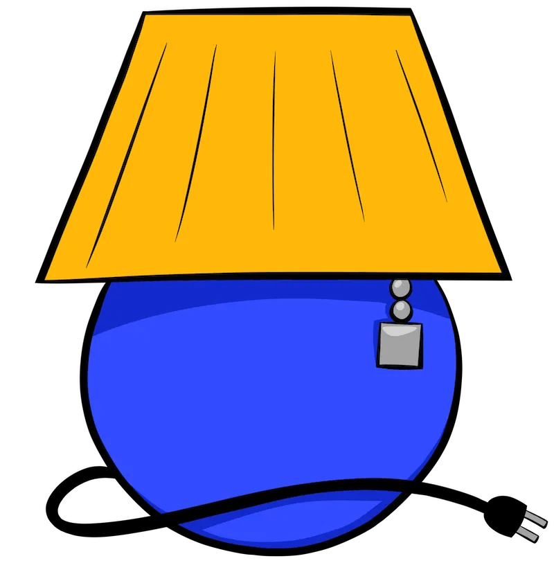 logo of a round blue table lamp with a yellow lampshade and its cord and plug sitting in front